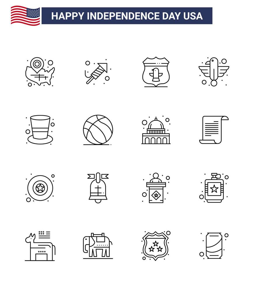 16 USA Line Signs Independence Day Celebration Symbols of state bird day animal security Editable USA Day Vector Design Elements