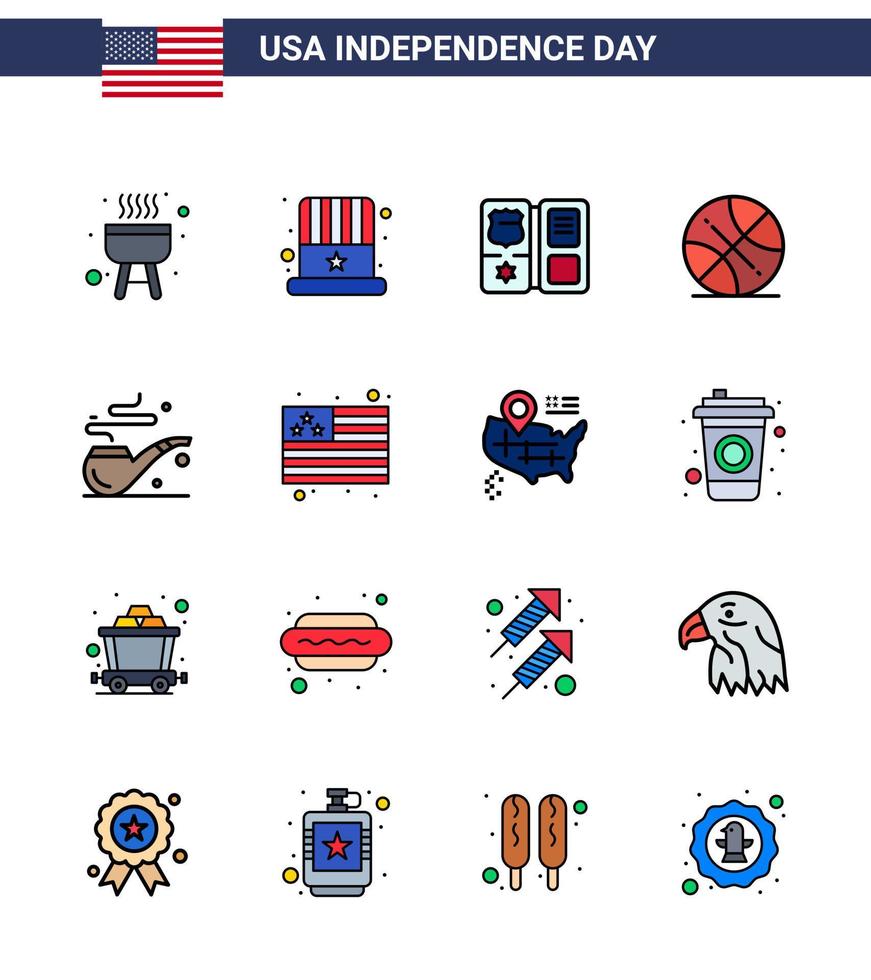 4th July USA Happy Independence Day Icon Symbols Group of 16 Modern Flat Filled Lines of st pipe shield usa ball Editable USA Day Vector Design Elements