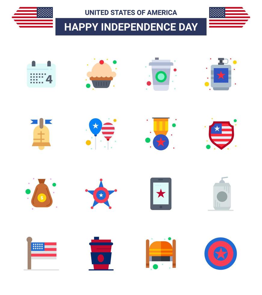 Modern Set of 16 Flats and symbols on USA Independence Day such as american ball cola liquid flask Editable USA Day Vector Design Elements