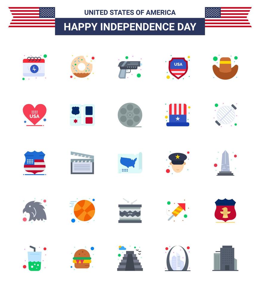 Group of 25 Flats Set for Independence day of United States of America such as cap usa gun sign security Editable USA Day Vector Design Elements