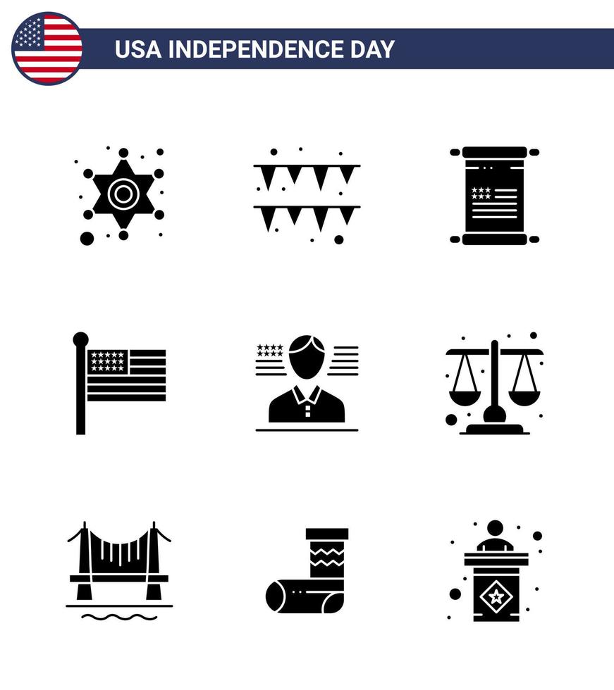 Modern Set of 9 Solid Glyphs and symbols on USA Independence Day such as flag man text usa states Editable USA Day Vector Design Elements