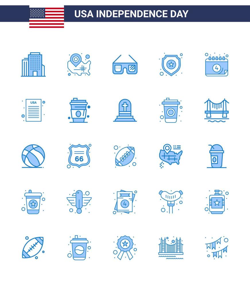Modern Set of 25 Blues and symbols on USA Independence Day such as calendar sign sunglasses star shield Editable USA Day Vector Design Elements