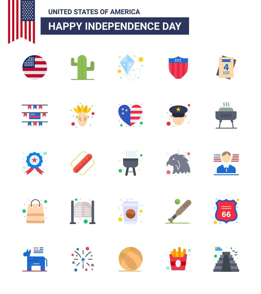 Group of 25 Flats Set for Independence day of United States of America such as wedding invitation kite usa shield Editable USA Day Vector Design Elements