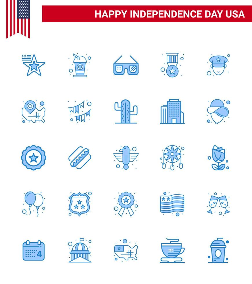 25 Creative USA Icons Modern Independence Signs and 4th July Symbols of officer military sunglasses medal award Editable USA Day Vector Design Elements