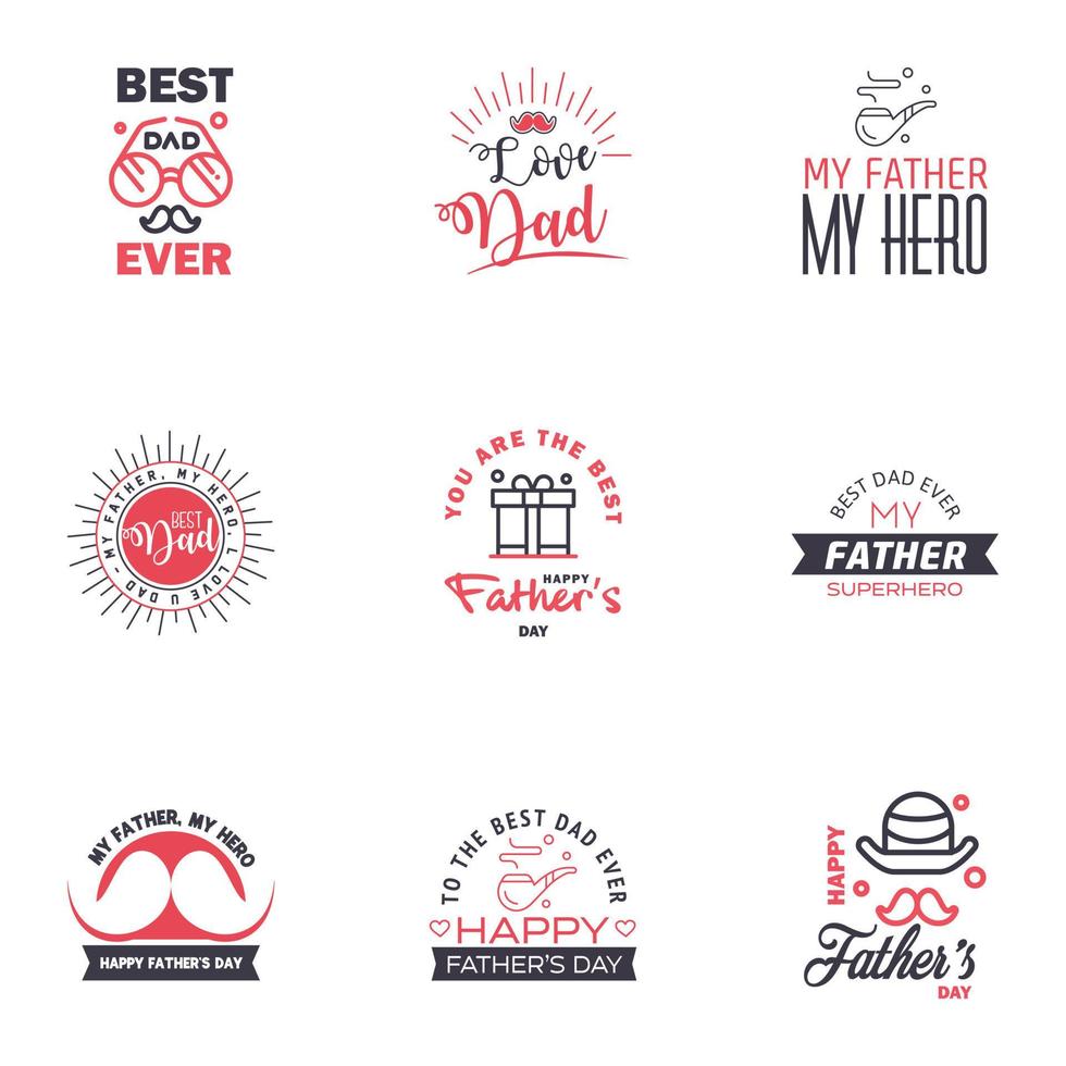 Happy fathers day greeting cards set 9 Black and Pink Vector typography lettering Usable for banners print You are the best dad text design Editable Vector Design Elements