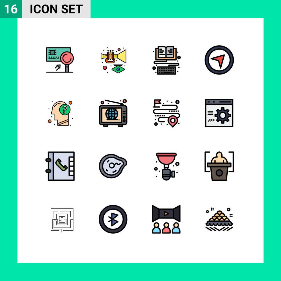 16 Thematic Vector Flat Color Filled Lines and Editable Symbols of education pointer trumpet maps keyboard Editable Creative Vector Design Elements