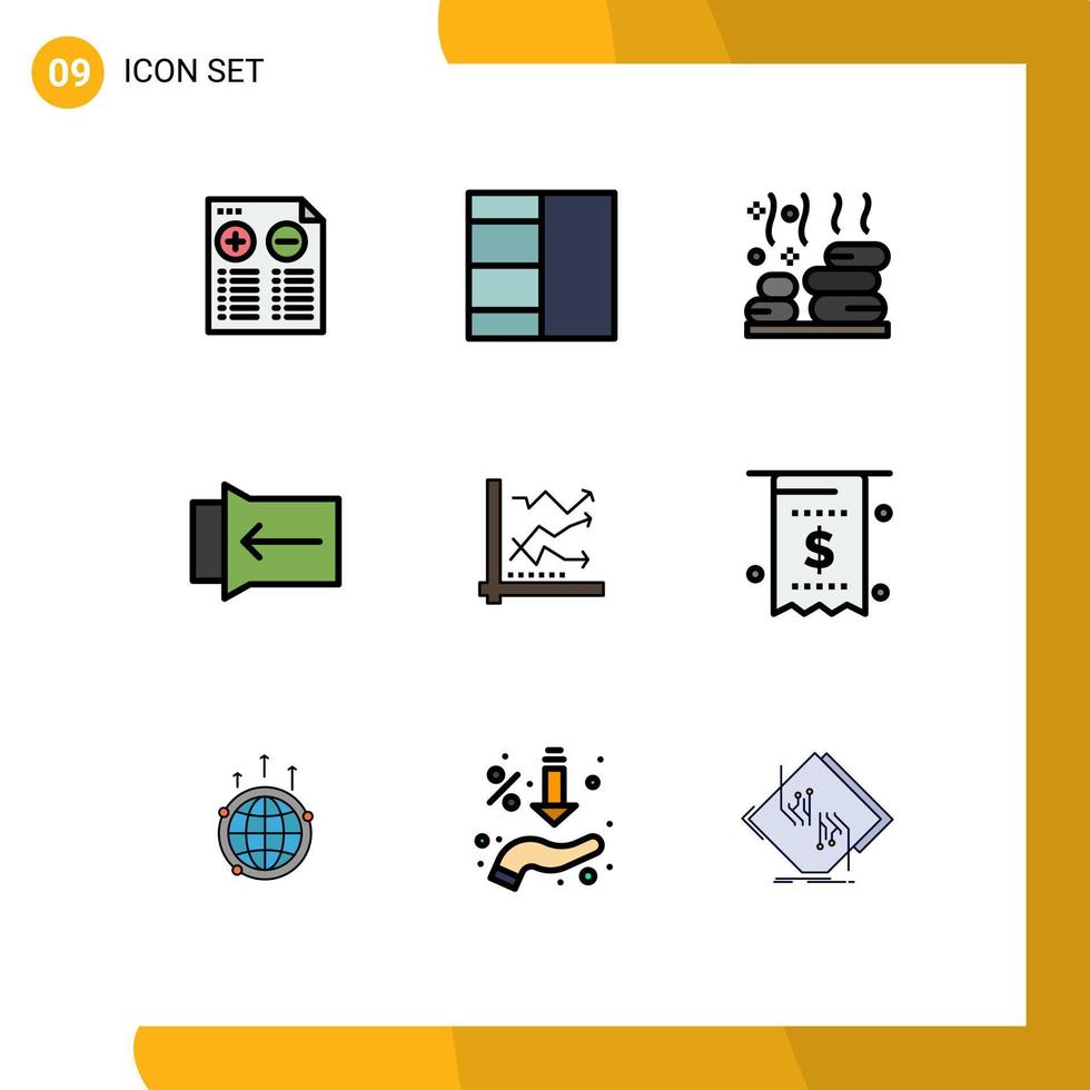 conjunto moderno de 9 colores planos y símbolos de línea de llenado, como el análisis de piedra analítica de gráficos, elementos de diseño de vectores editables táctiles