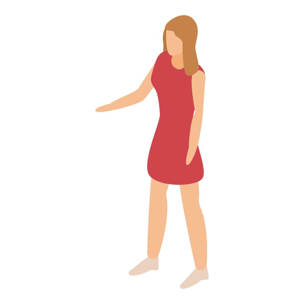 Cute woman in red dress icon, isometric style vector