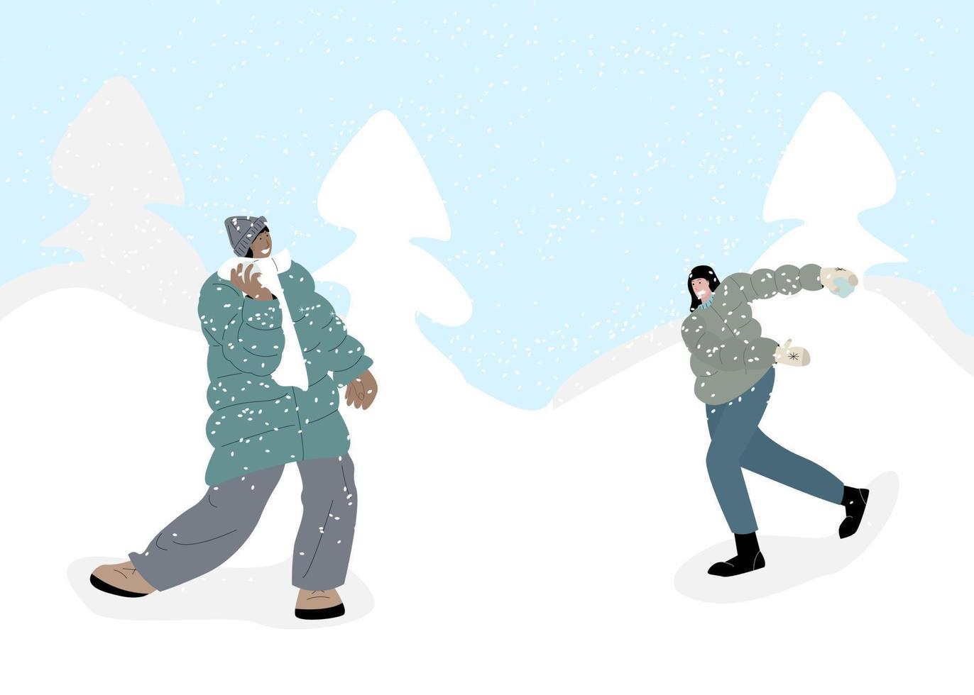 pareja de personas juegan bolas de nieve juego divertido en la ilustración de vector de paisaje de nieve de invierno. personajes de amigos de dibujos animados jugando al aire libre, disfrutando del clima helado.