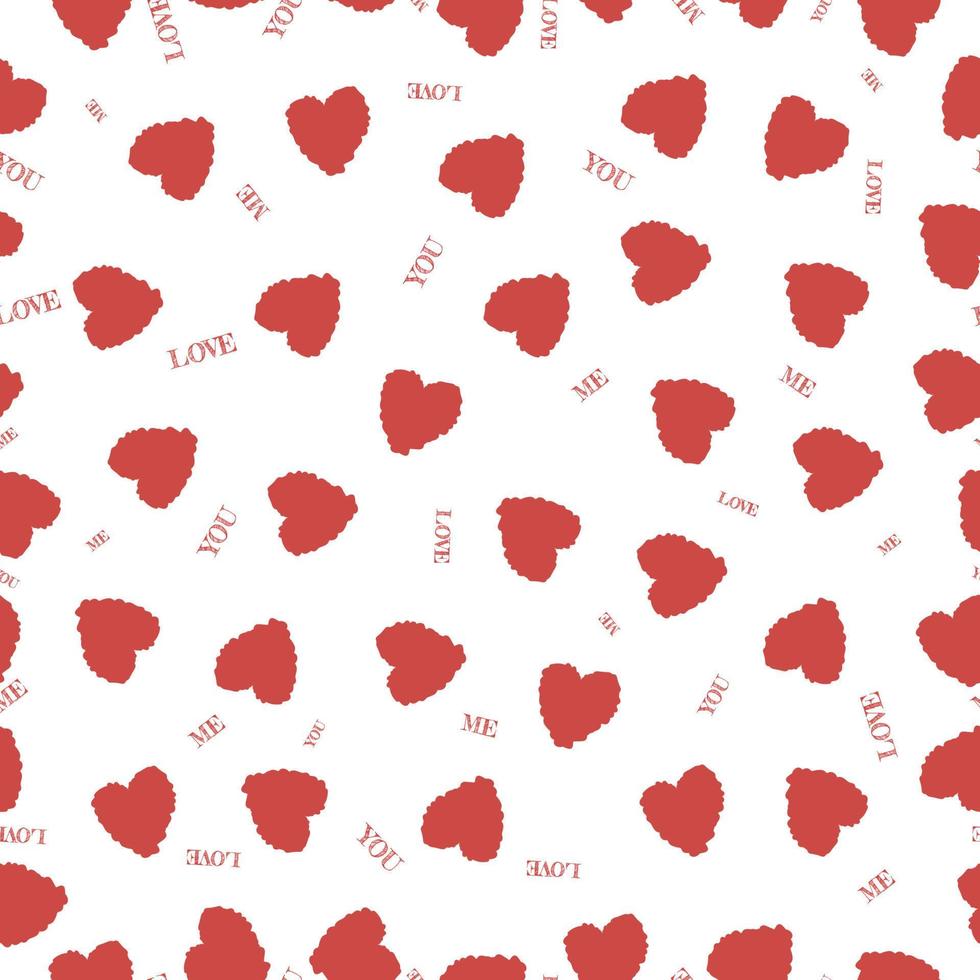 Repeated red hearts on a white background with words you, me, love. Cute seamless pattern for valentines day. Endless romantic print. vector