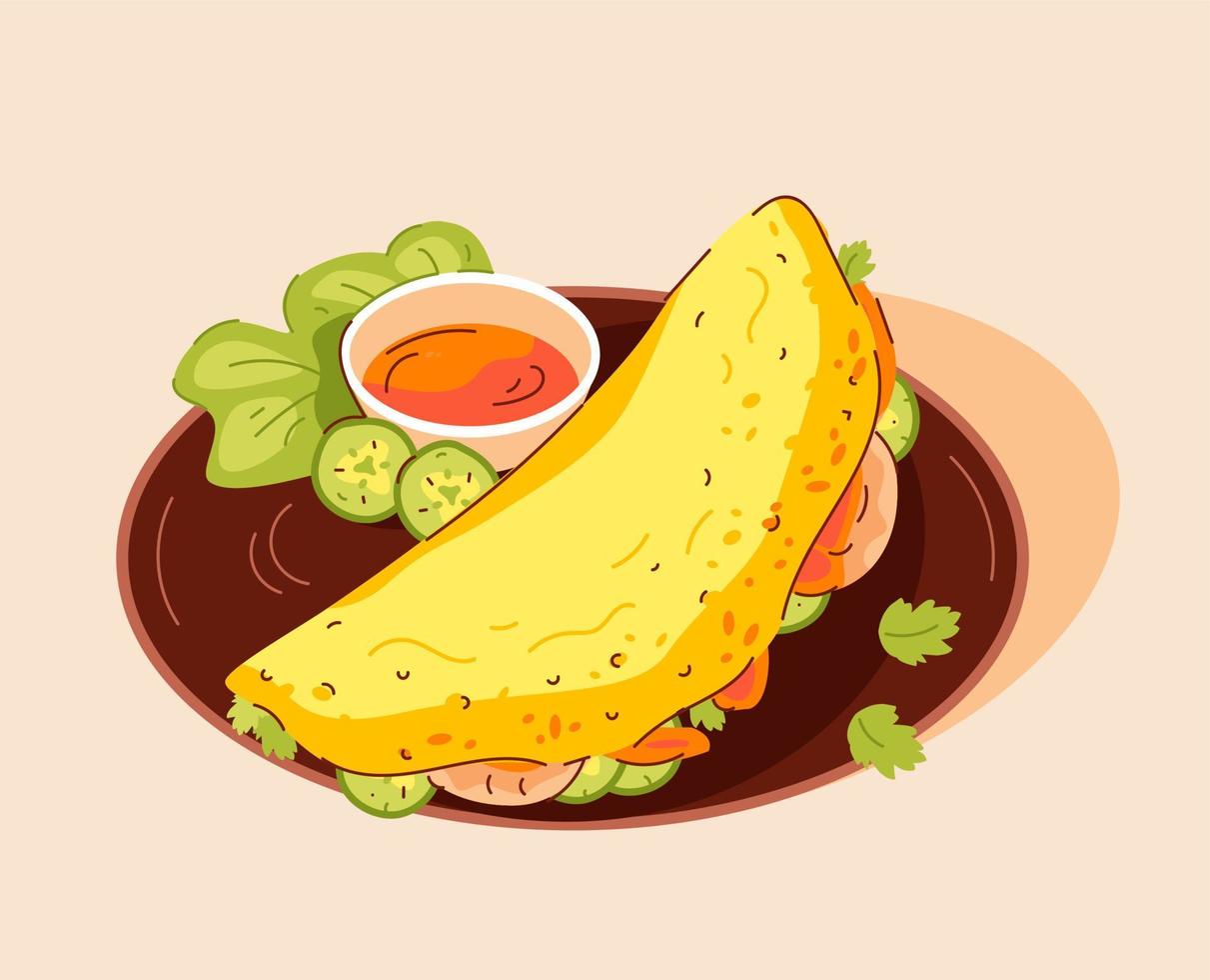 Banh xeo, vietnamese pancakes. Crispy rice pancake with filling. Vector illustration