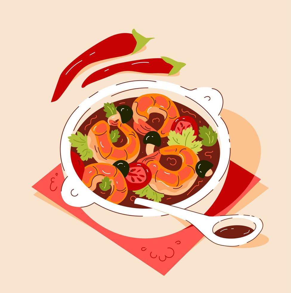 Tom Yum Soup. Sour-spicy soup with shrimp. Asian food. Vector illustration