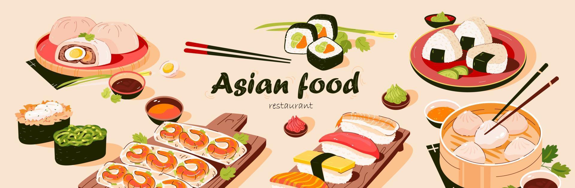 Asian food banner. Asian cuisine with various dishes. Vector
