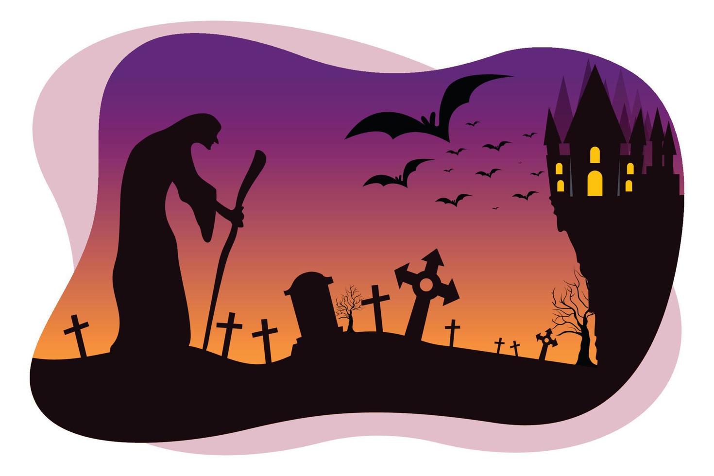 bruja embrujada de halloween caminando en la ilustración de vector de cementerio