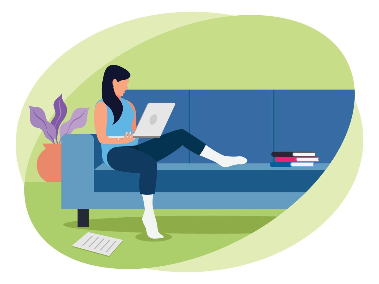 Woman working while sitting on couch vector