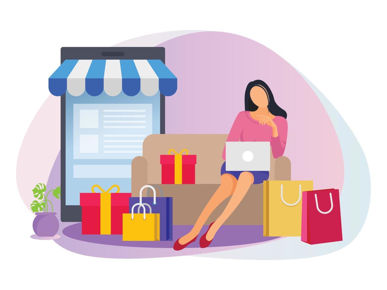 Woman sitting on couch doing online shopping illustration. vector