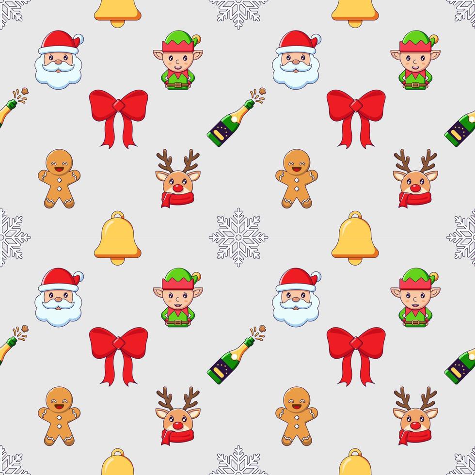 New Year, Christmas, holiday concept. Vivid vector seamless pattern of cartoon bow, Santa Claus, snowflake, champaign. Suitable for web sites, wrapping, postcards