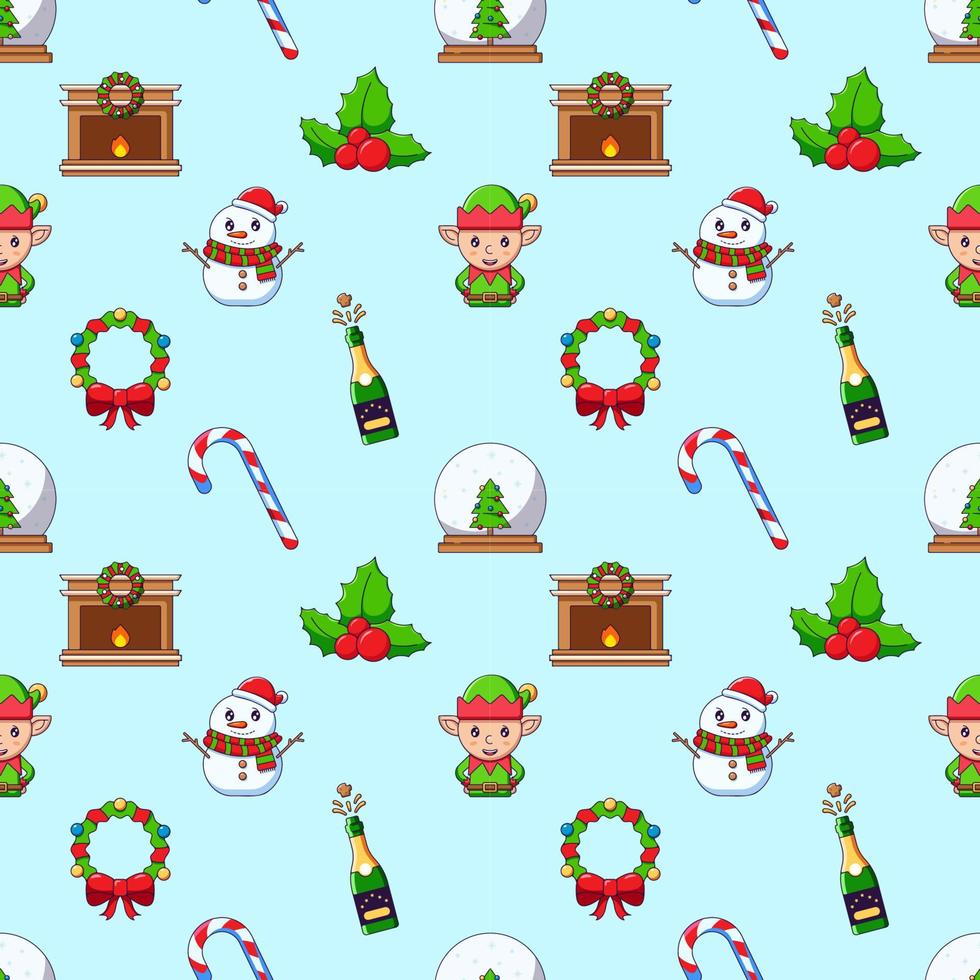 New Year, Christmas, holiday concept. Vivid vector seamless pattern of cartoon snowman, elf, wreath, mistletoe. Suitable for web sites, wrapping, postcards