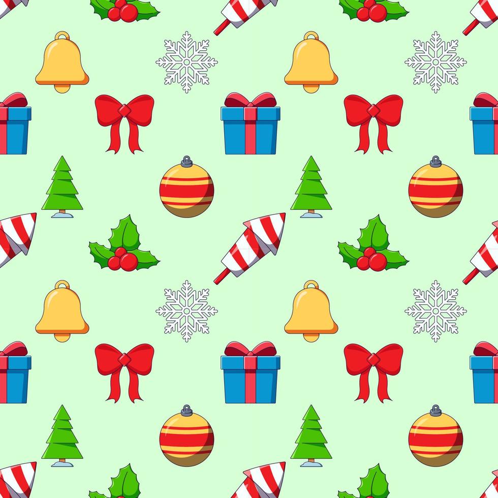New Year, Christmas, holiday concept. Vivid vector seamless pattern of cartoon bell, bow, giftbox, fireworks. Suitable for web sites, wrapping, postcards