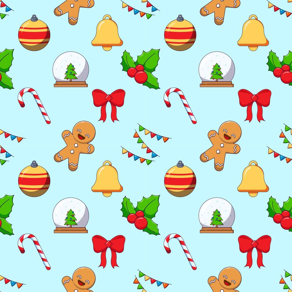 New Year, Christmas, holiday concept. Vivid vector seamless pattern of cartoon bauble, bell, bauble, mistletoe, sweet. Suitable for web sites, wrapping, postcards