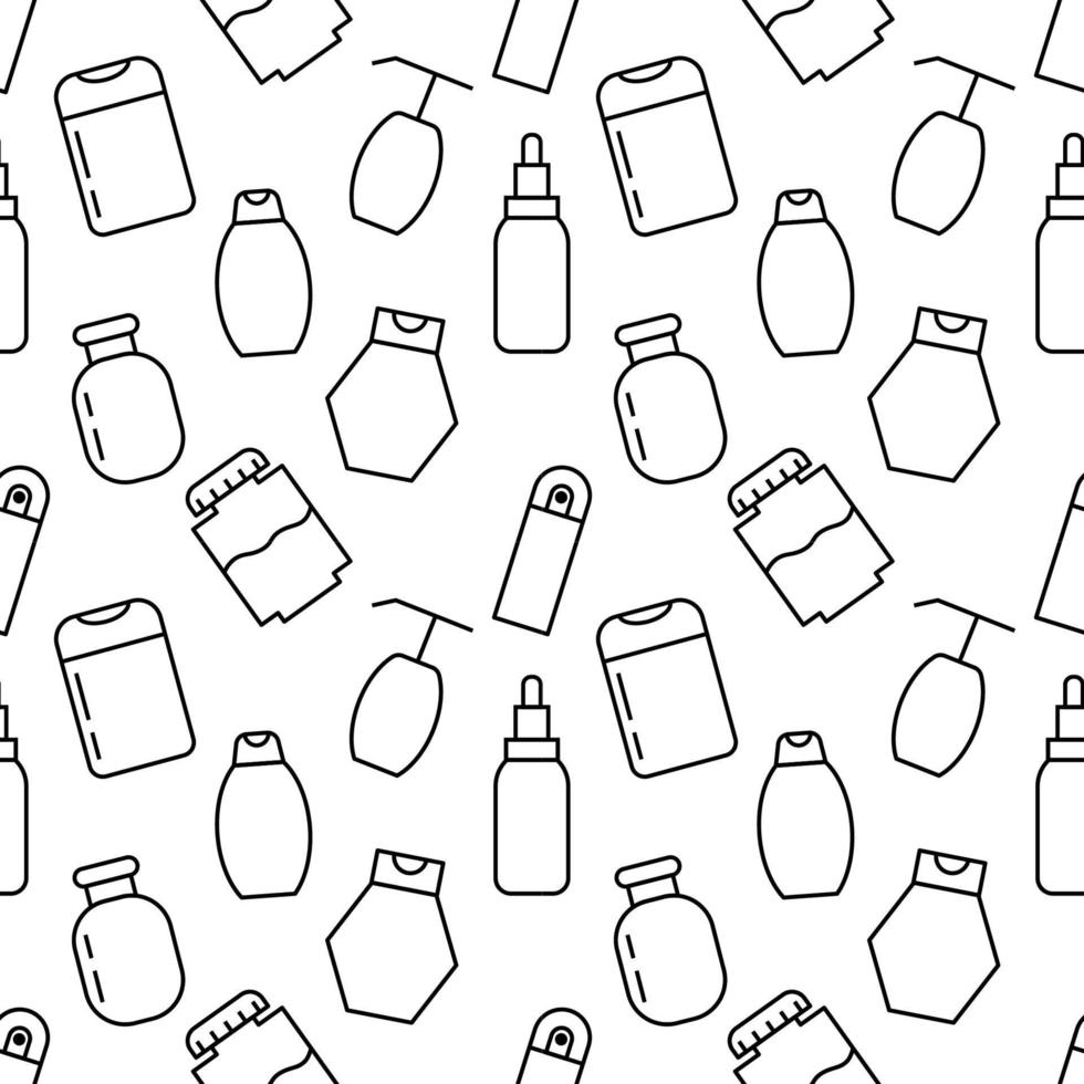 Pattern of bottles of soap, gel, foam made of various line icons. Perfect for web sites, wrapping, printing on different covers vector