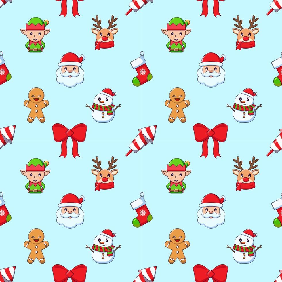 New Year, Christmas, holiday concept. Vivid vector seamless pattern of cartoon Santa Claus, snowman, elf, bow, sock, ginger man. Suitable for web sites, wrapping, postcards