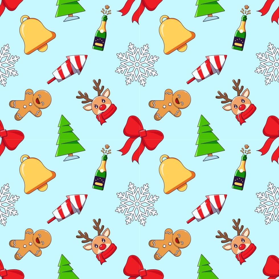 New Year, Christmas, holiday concept. Vivid vector seamless pattern of cartoon deer, bow, snowflake, bell, ginger man, campaign. Suitable for web sites, wrapping, postcards