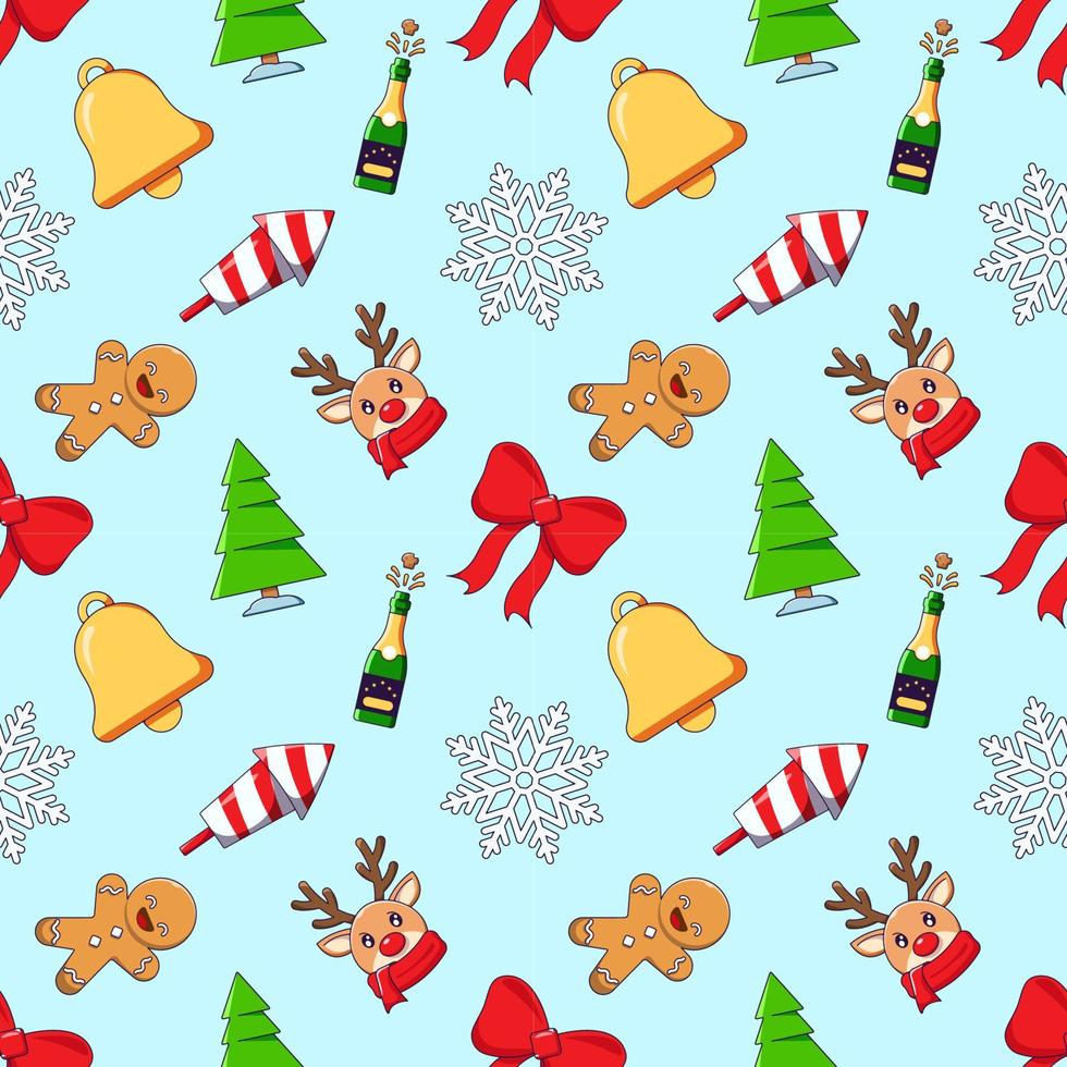 New Year, Christmas, holiday concept. Vivid vector seamless pattern of cartoon deer, bow, snowflake, bell, ginger man, campaign. Suitable for web sites, wrapping, postcards