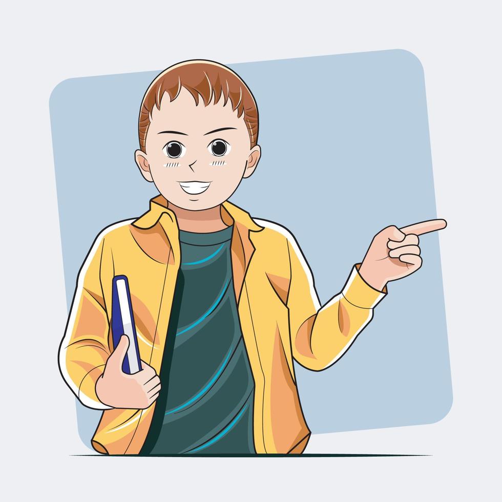 estudio de niños. mano de niño señalando con el dedo en la esquina izquierda con expresión feliz ilustración vectorial descarga profesional vector