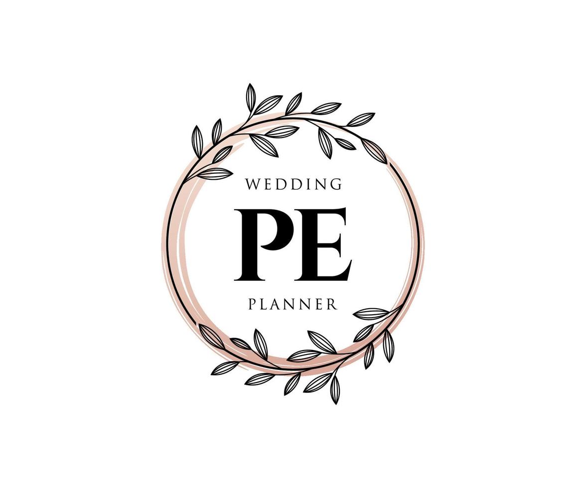 colección de logotipos de monogramas de boda con letras iniciales pe, plantillas florales y minimalistas modernas dibujadas a mano para tarjetas de invitación, guardar la fecha, identidad elegante para restaurante, boutique, café en vectores