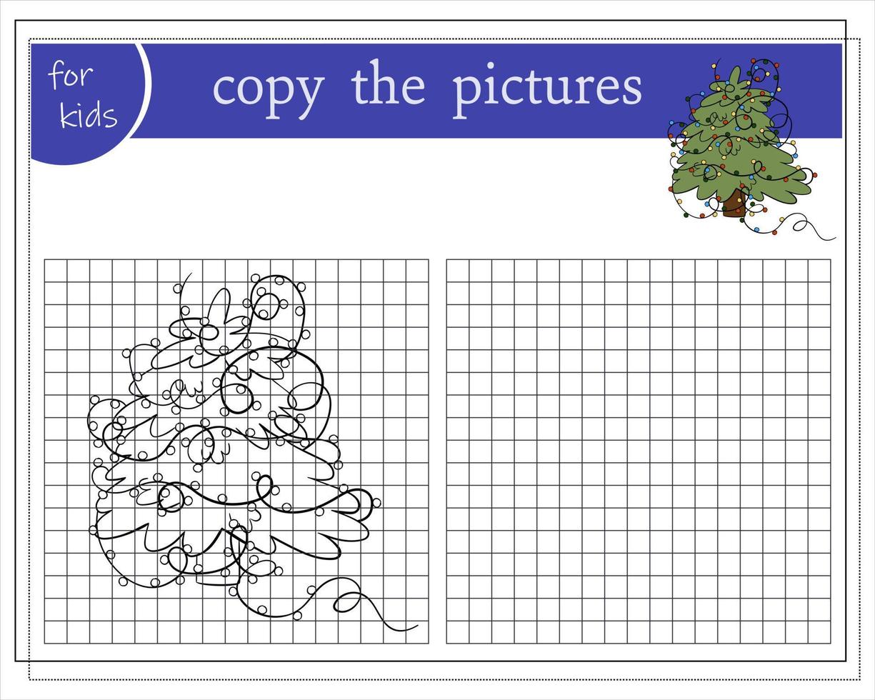 copia la imagen, juegos educativos para niños, árbol de navidad de dibujos animados. vector