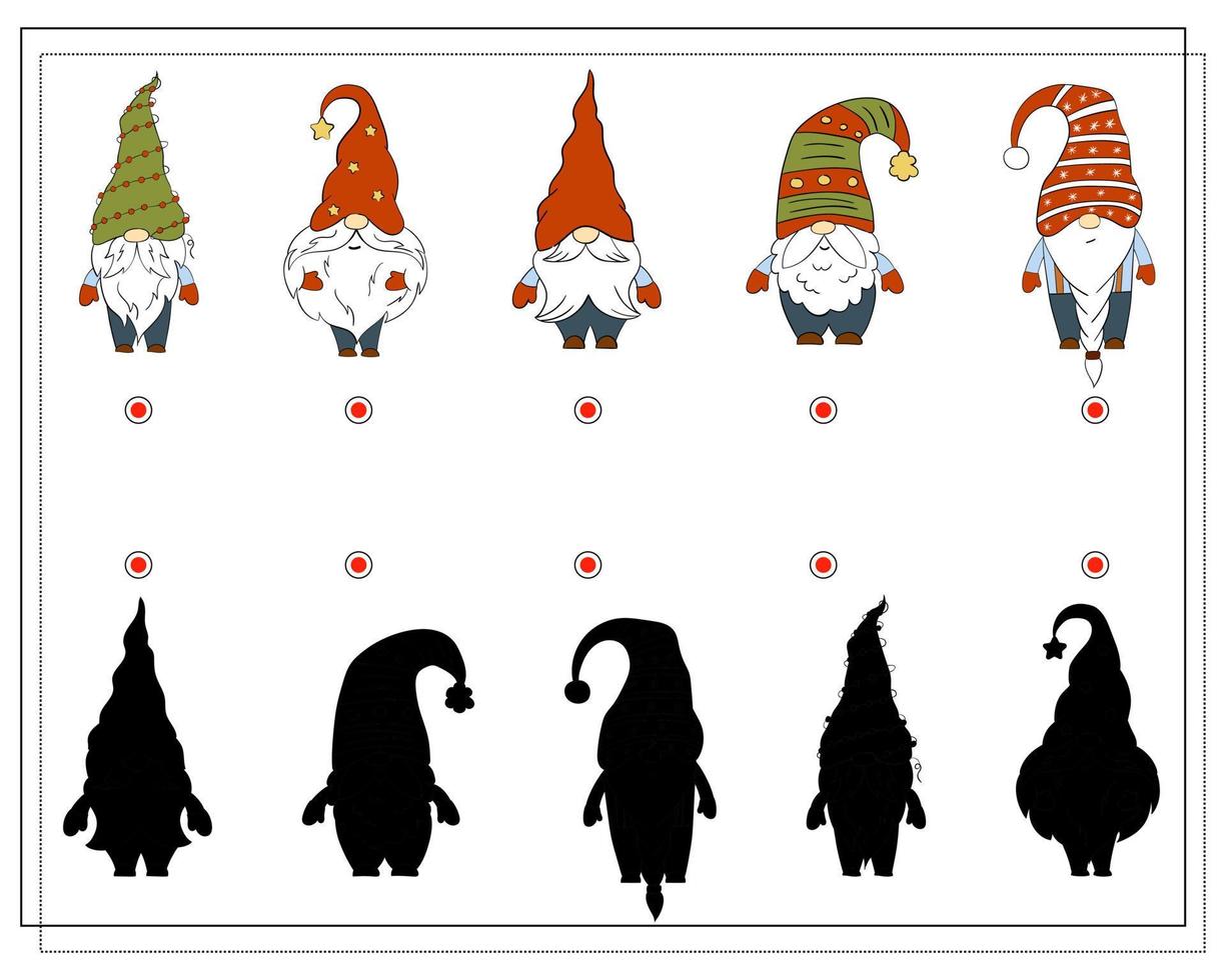 A puzzle game for kids, find the right shadow. Cartoon Christmas Gnome. vector