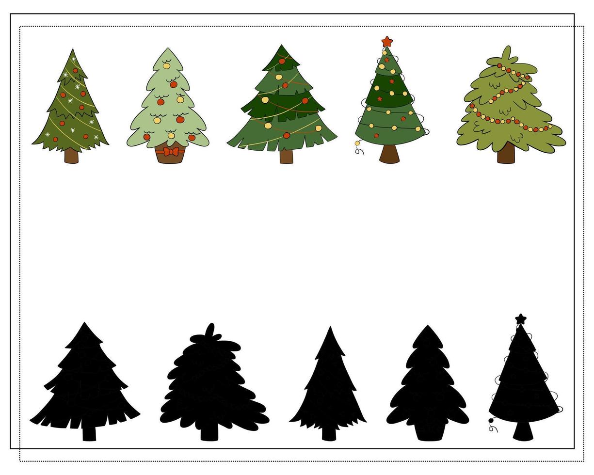 un juego de rompecabezas para niños, encuentra la sombra correcta. árbol de navidad de dibujos animados. vector