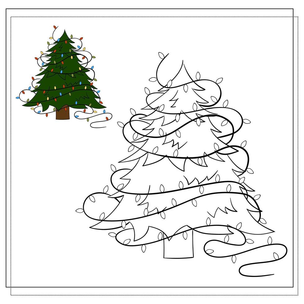 libro para colorear para niños. árbol de navidad de dibujos animados con guirnaldas. vector