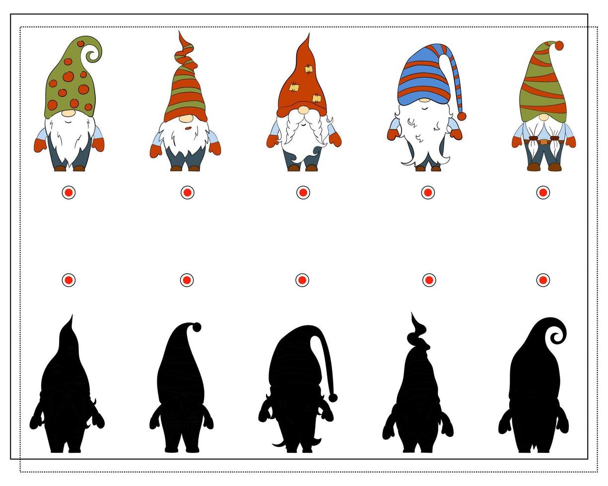 A puzzle game for kids, find the right shadow. Cartoon Christmas Gnome. vector