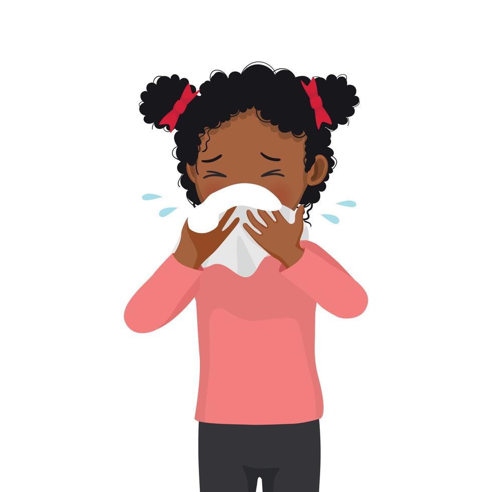 Cute little African girl sneezing with flu and cold allergic symptoms blowing nose into tissue paper vector