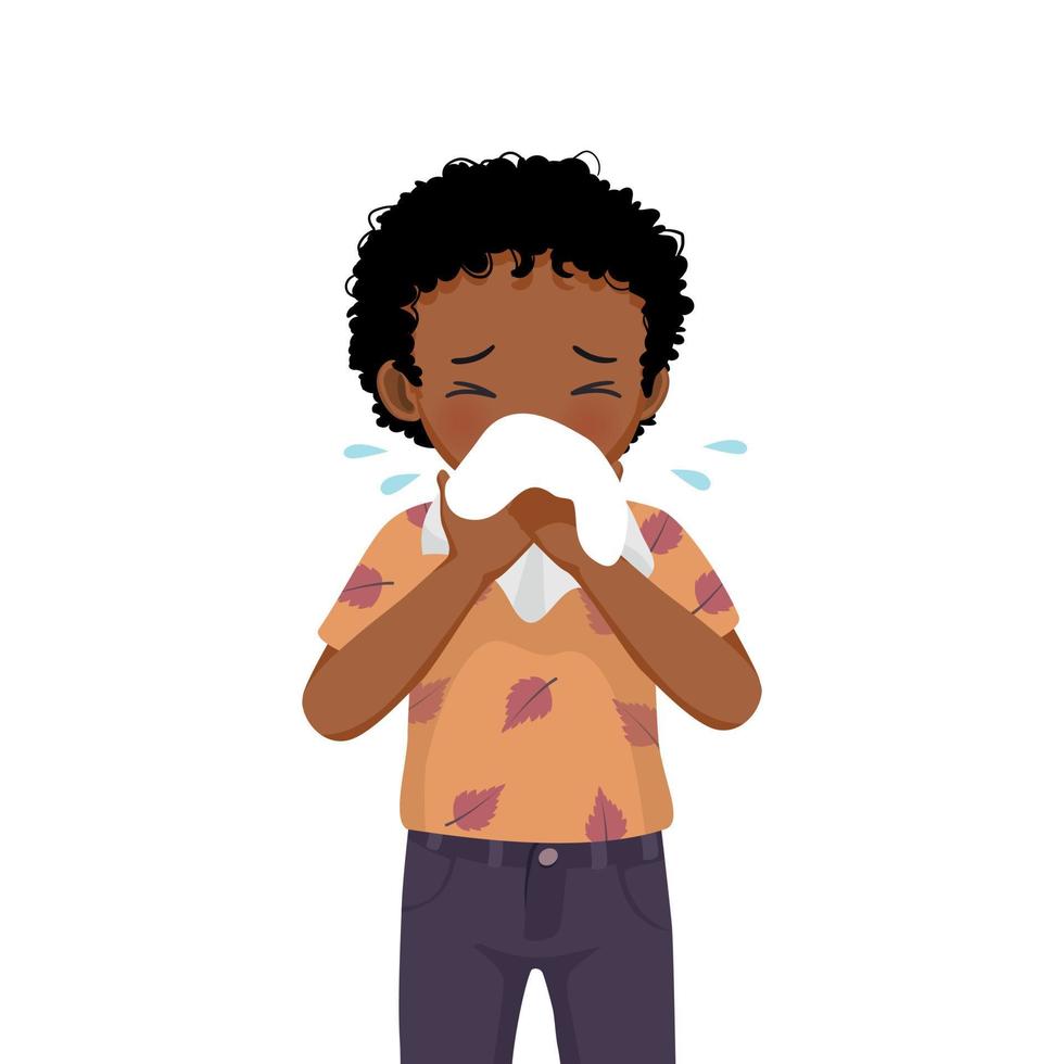 Cute little African boy sneezing with flu and cold allergic symptoms blowing nose into tissue paper vector