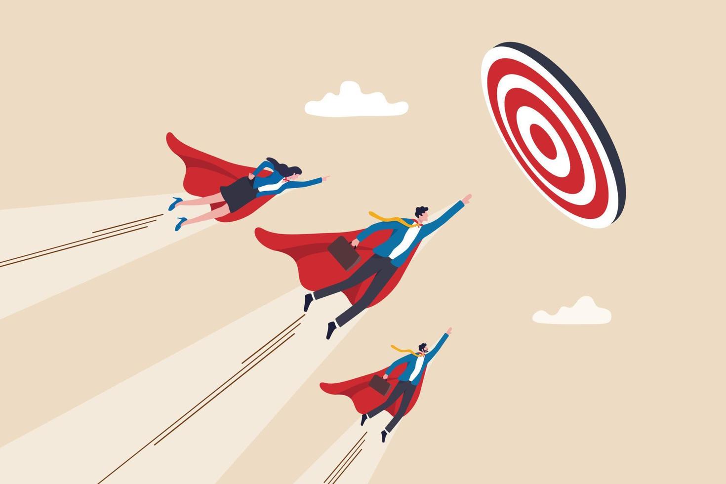 Team target, teamwork or professional aiming and reach business goal, work achievement, cooperation to success, leadership or challenge concept, business people superhero fly to reach target bullseye. vector