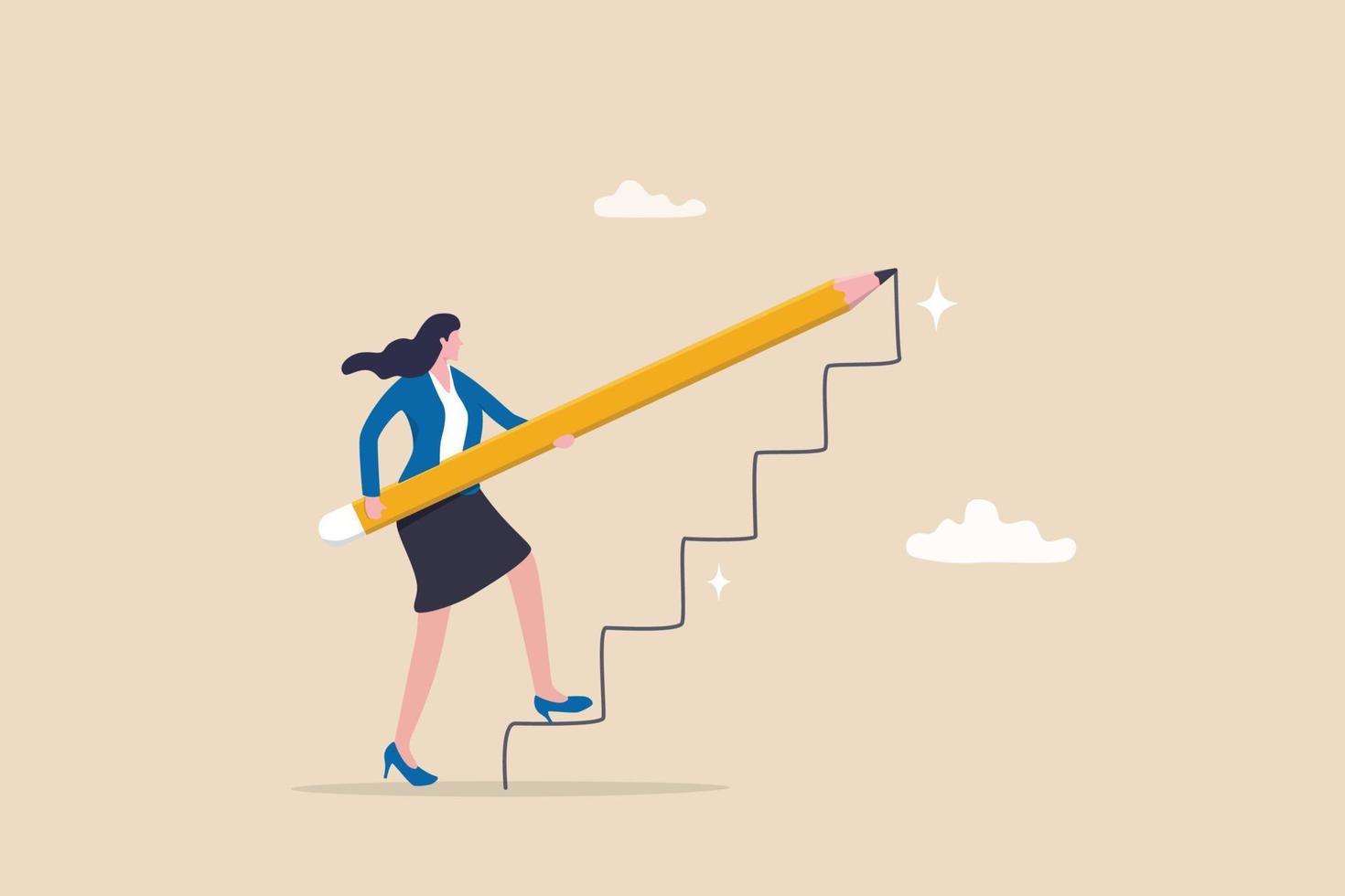 Create stair to success, growth or growing career path, planning for self improvement or leadership motivation, self made success concept, confidence businesswoman draw stair to climb up for success. vector