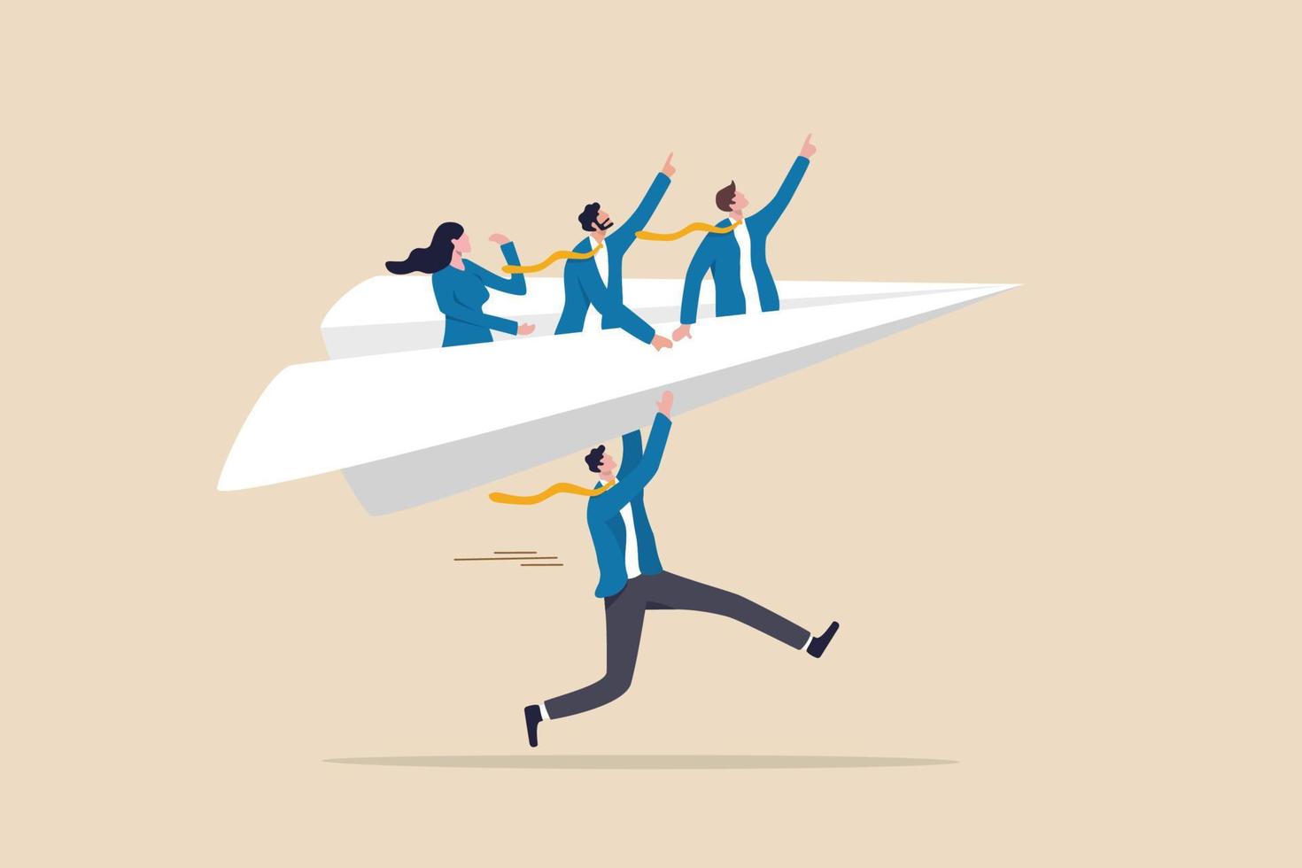 Mentor or support employee to success, manager to help or advice staff to reach goal, work coaching or adviser expert concept, businessman manager launching paper plane origami with team colleagues. vector