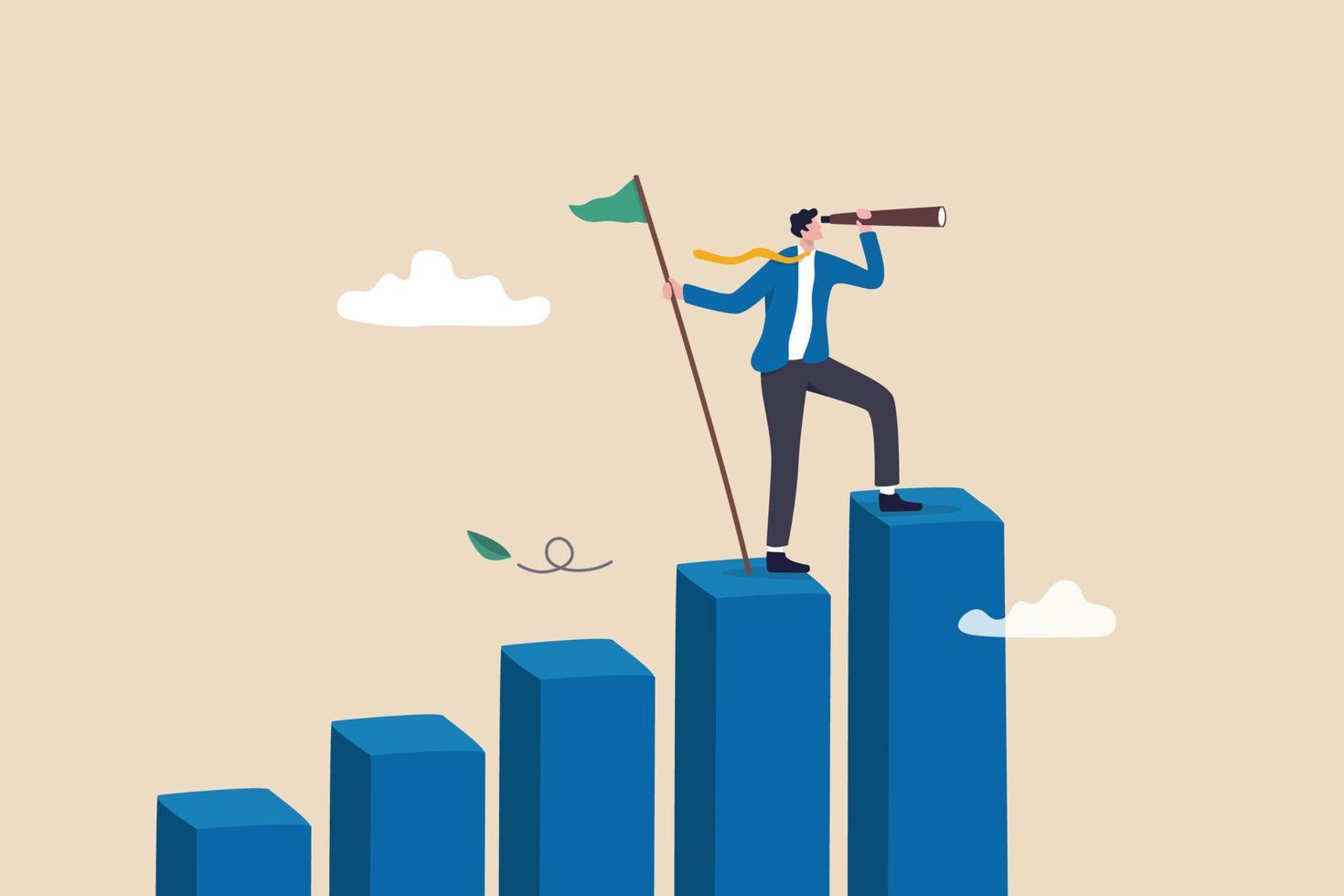 Vision to see next goal, motivation to success, forecast and business prediction, challenge to be better and achieve success concept, confidence businessman step on rise up graph look for next goal. vector