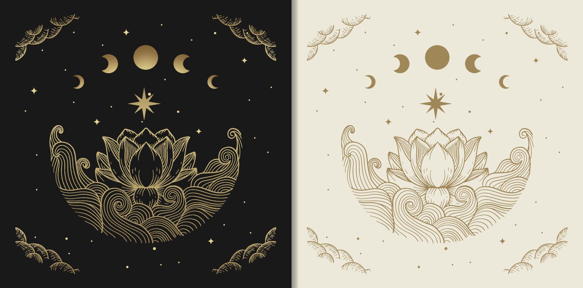 Gold water lily engraving with star ornament and moon phases vector