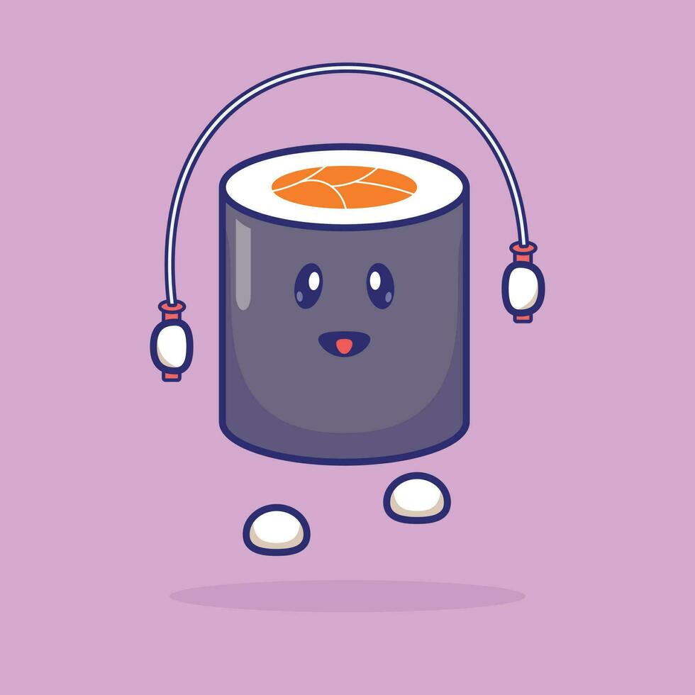 Simple cartoon illustration of sushi character jumping rope. Food concept vector