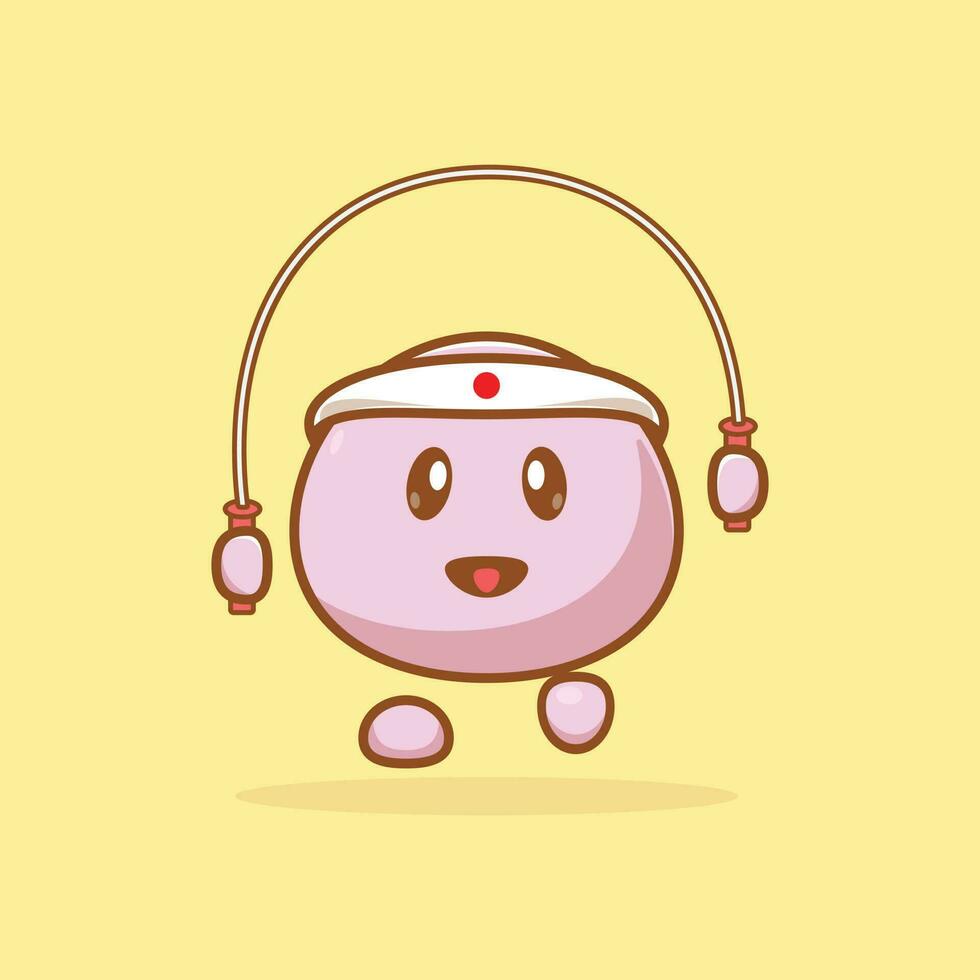 Simple cartoon illustration of cute mochi character wearing japanese headband jumping rope. Food concept vector