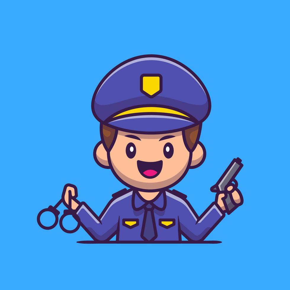 Police With Handcuff And Gun Cartoon Vector Icon Illustration. People Profession Icon Concept Isolated Premium Vector. Flat Cartoon Style