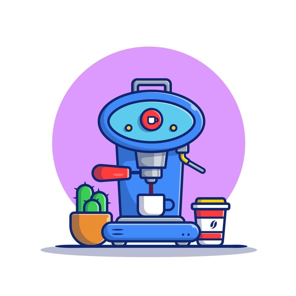 Coffee Machine Pod, Mug, Cup And Cactus Cartoon Vector Icon Illustration. Coffee Machine Icon Concept Isolated Premium Vector. Flat Cartoon Style