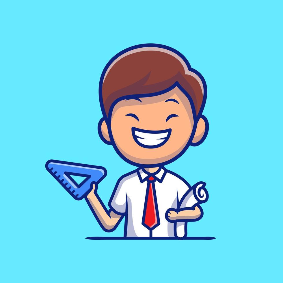 Male Architect With Triangle Ruler And Paper Roll Cartoon Vector Icon Illustration. People Profession Icon Concept Isolated Premium Vector. Flat Cartoon Style