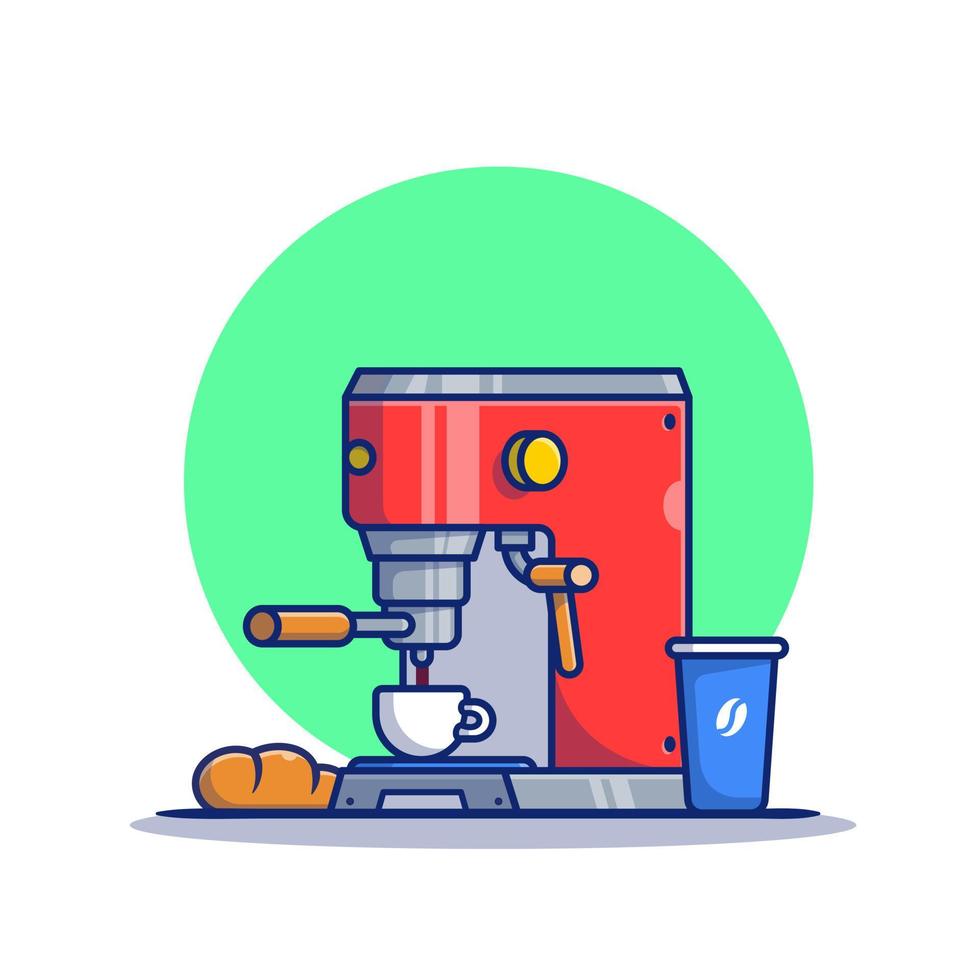 Coffee Machine Pod, Bread, Mug And Cup Cartoon Vector Icon Illustration. Coffee Machine Icon Concept Isolated Premium Vector. Flat Cartoon Style