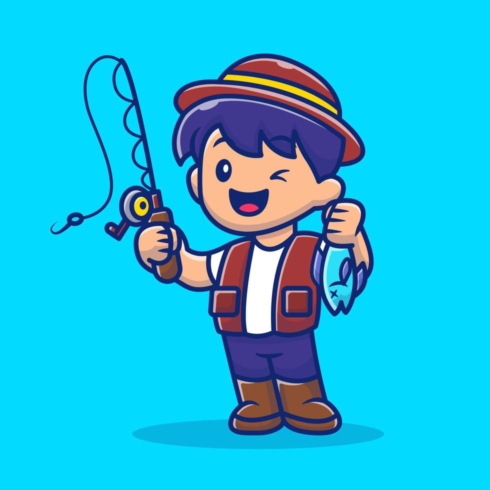 Boy Fishing With Fishing Rod Cartoon Vector Icon Illustration. People Hobby Icon Concept Isolated Premium Vector. Flat Cartoon Style