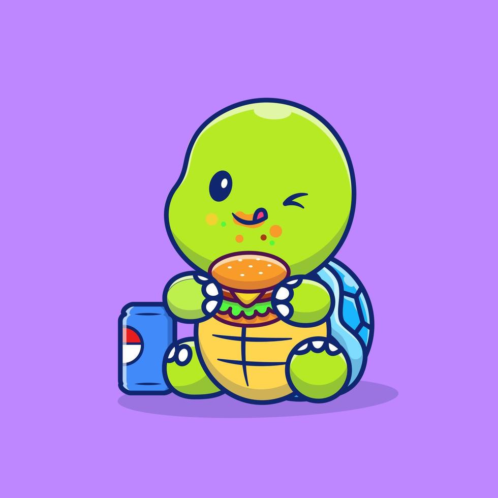 Cute Turtle Eating Burger And Soft Drink Cartoon Vector Icon Illustration. Animal Food Icon Concept Isolated Premium Vector. Flat Cartoon Style